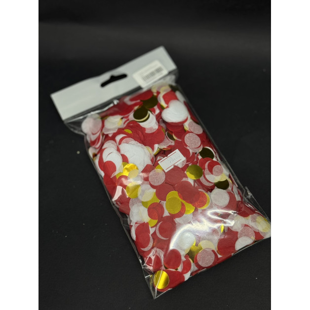 Конфеті 1,5 см тішью (червоний-білий-золотий) 50 грам