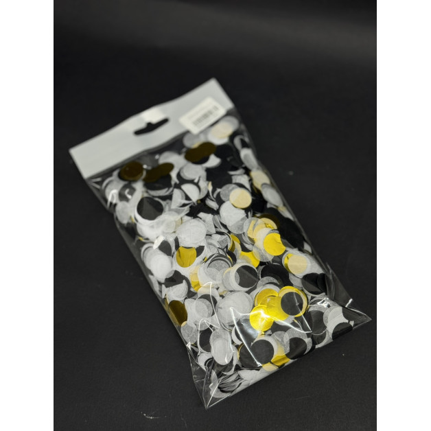 Конфеті 1,5 см тішью (чорний-білий-золотий) 50 грам