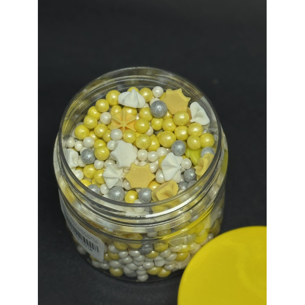 Посипка "Шокол. серця жовті з рисовою посипкою та бізе" 100 г