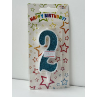 Свічка цифра біла бірюзовий глітер 2