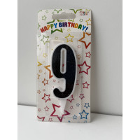 Свічка цифра біла чорний глітер 9