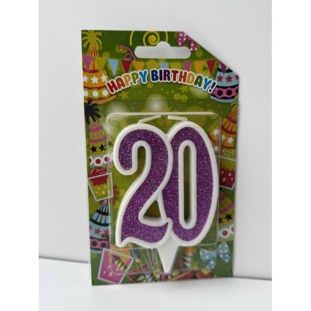 Свічка цифра біла фіолетовий глітер 20