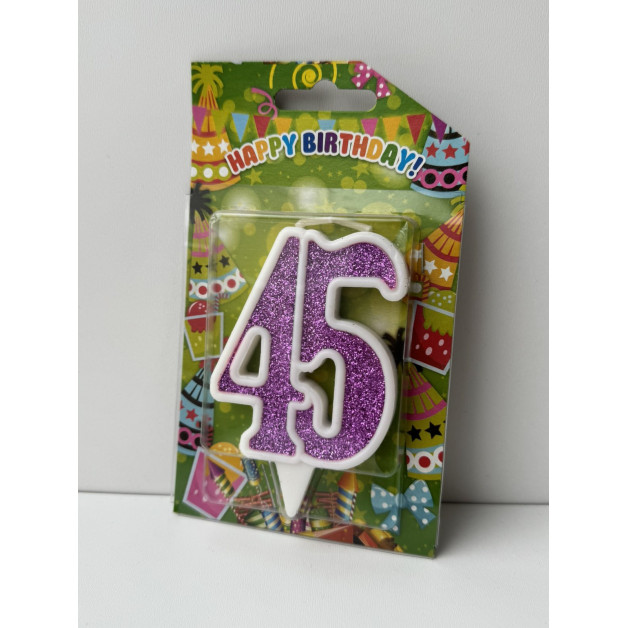 Свічка цифра біла фіолетовий глітер 45