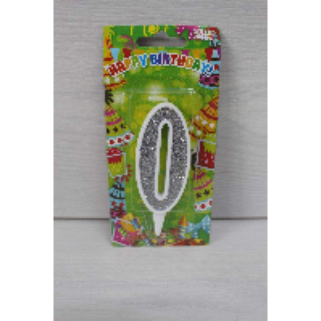 Свічка цифра біла срібний глітер 0