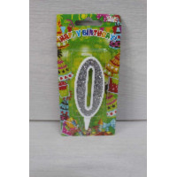 Свічка цифра біла срібний глітер 0