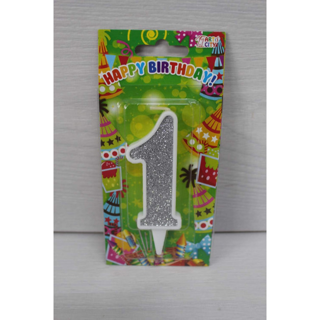 Свічка цифра біла срібний глітер 1