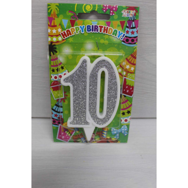 Свічка цифра біла срібний глітер 10