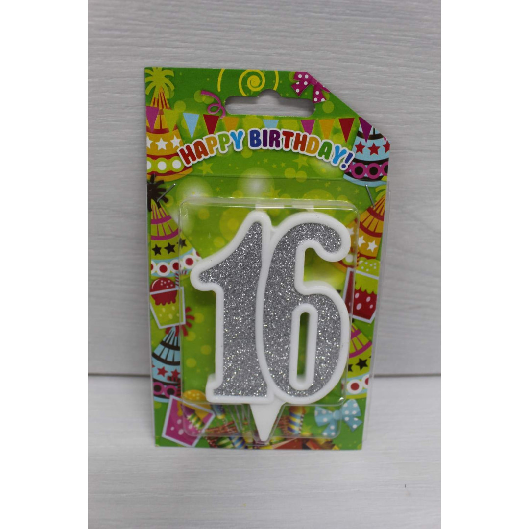 Свічка цифра біла срібний глітер 16