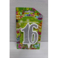 Свічка цифра біла срібний глітер 16