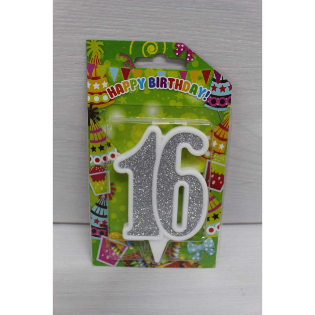 Свічка цифра біла срібний глітер 16