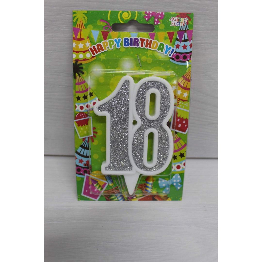 Свічка цифра біла срібний глітер 18