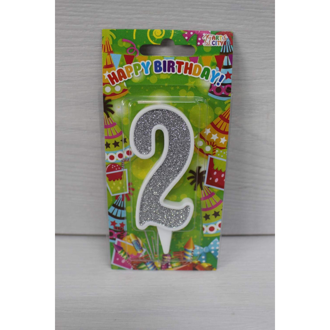 Свічка цифра біла срібний глітер 2