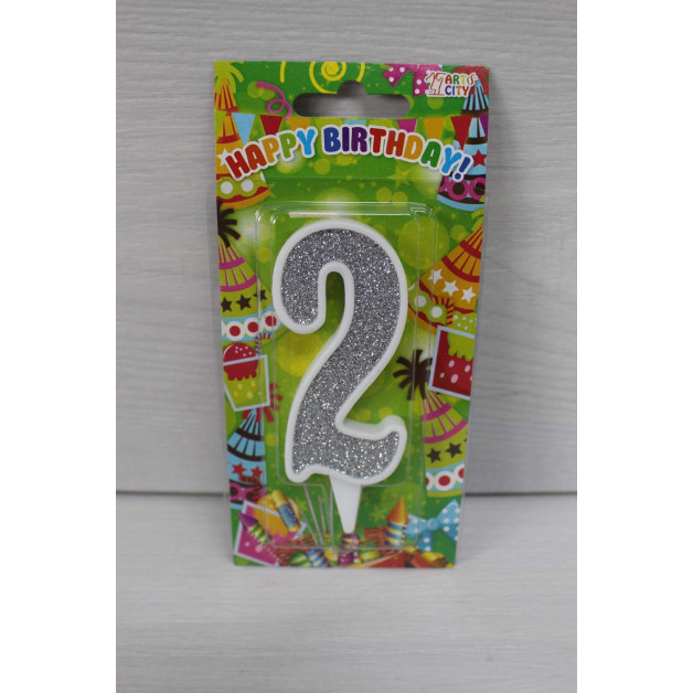 Свічка цифра біла срібний глітер 2