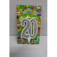 Свічка цифра біла срібний глітер 20