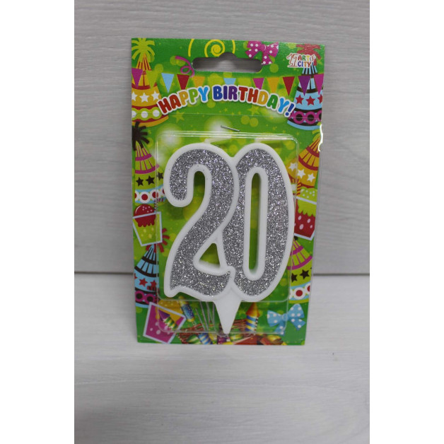 Свічка цифра біла срібний глітер 20