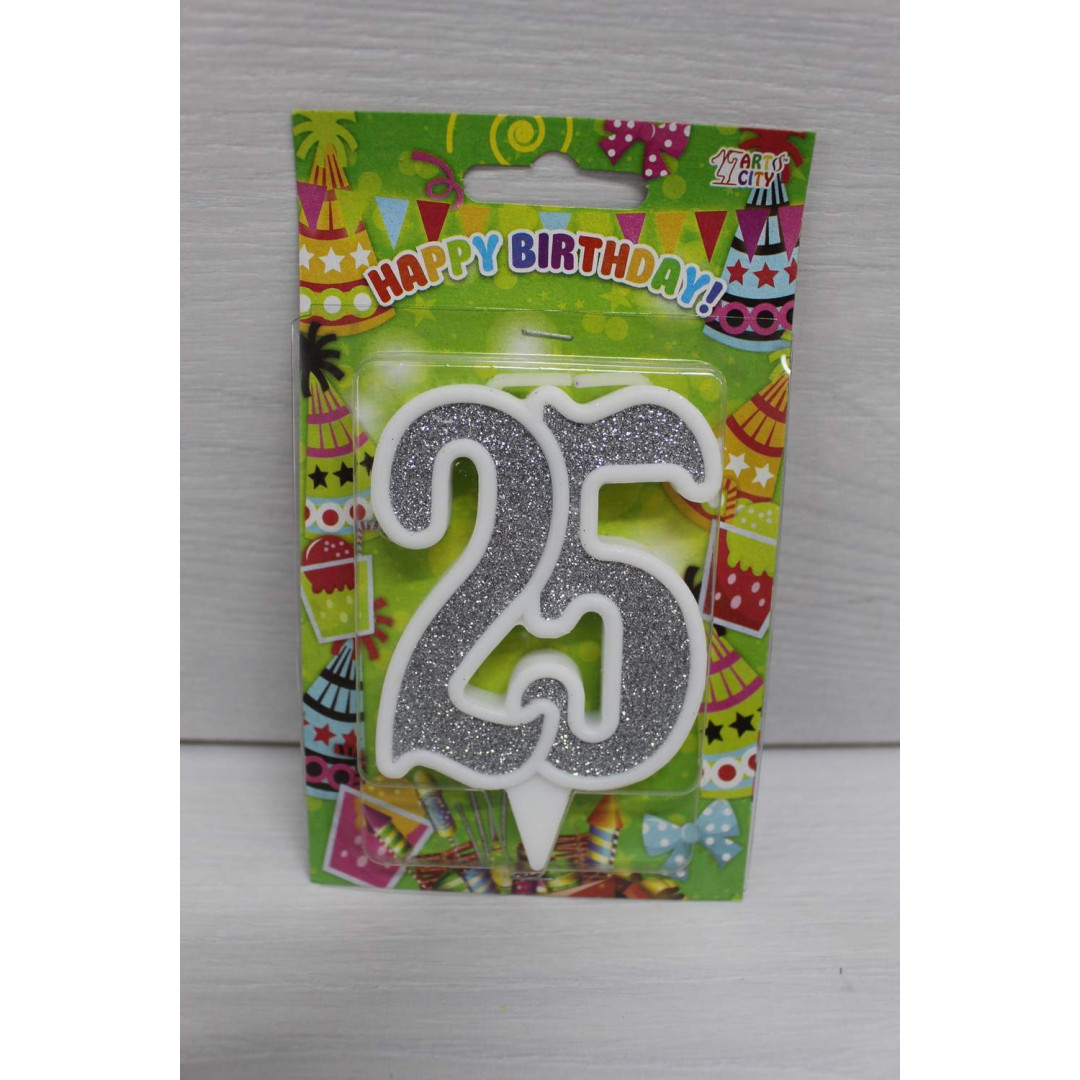 Свічка цифра біла срібний глітер 25