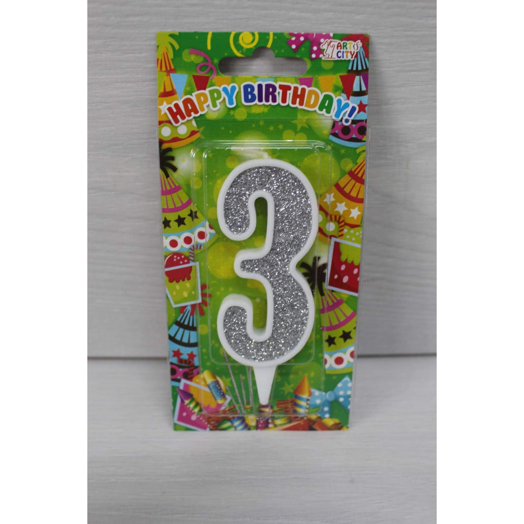 Свічка цифра біла срібний глітер 3