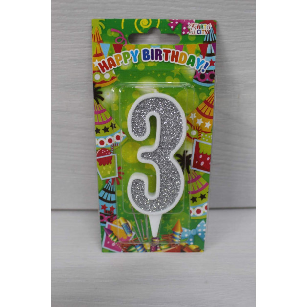 Свічка цифра біла срібний глітер 3