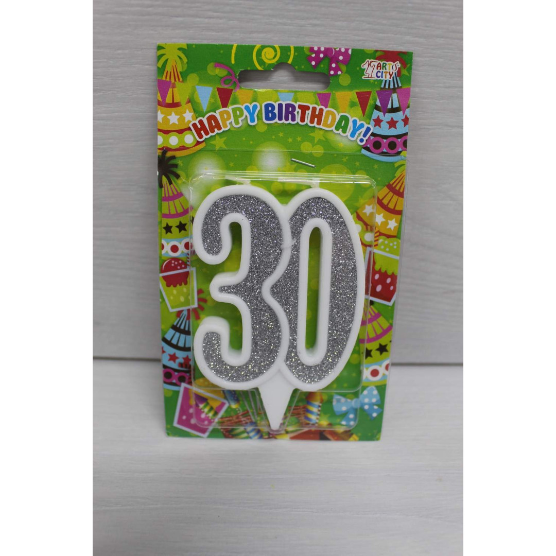 Свічка цифра біла срібний глітер 30