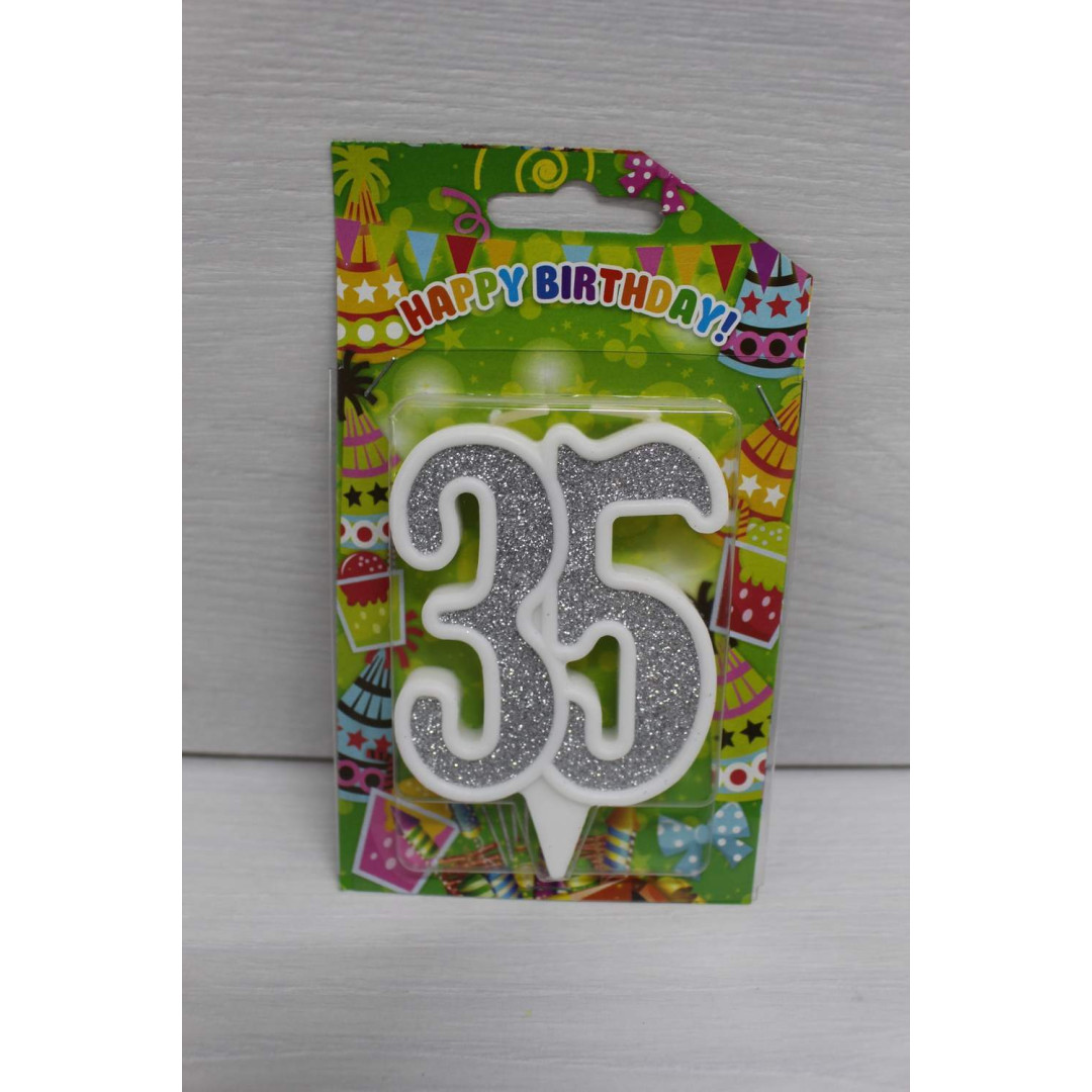 Свічка цифра біла срібний глітер 35