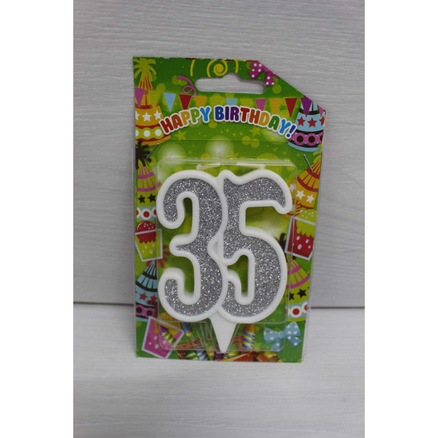 Свічка цифра біла срібний глітер 35