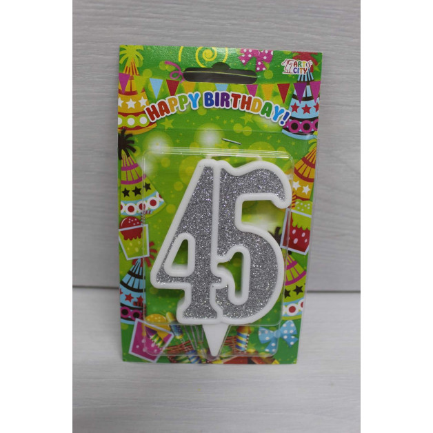 Свічка цифра біла срібний глітер 45