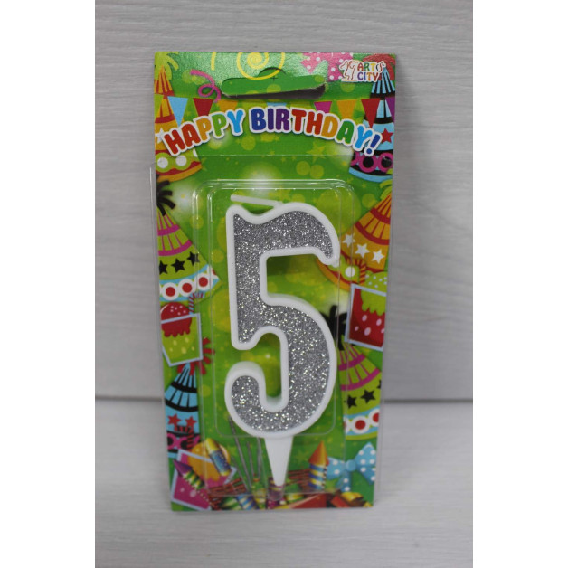 Свічка цифра біла срібний глітер 5