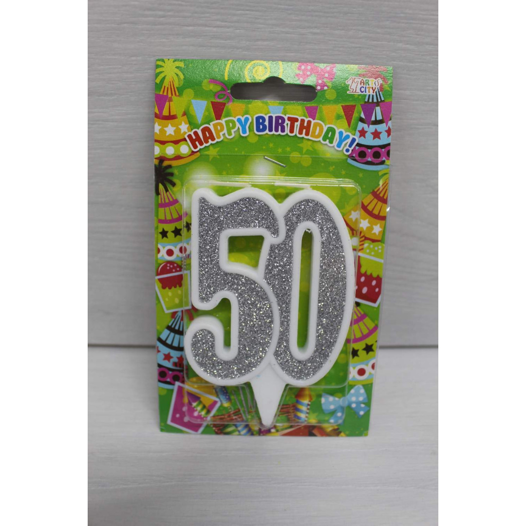 Свічка цифра біла срібний глітер 50
