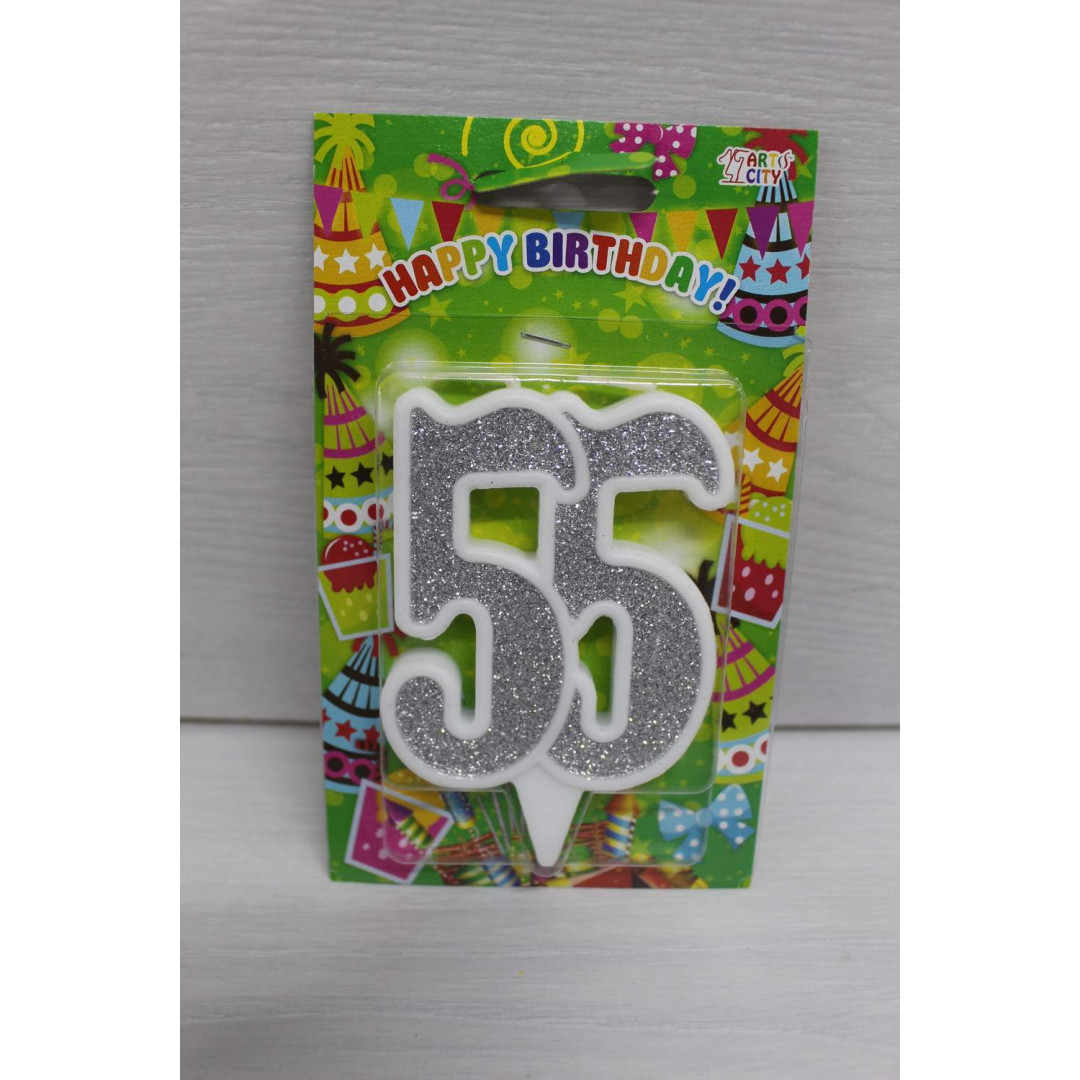 Свічка цифра біла срібний глітер 55