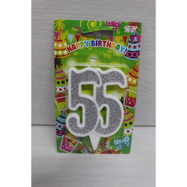 Свічка цифра біла срібний глітер 55