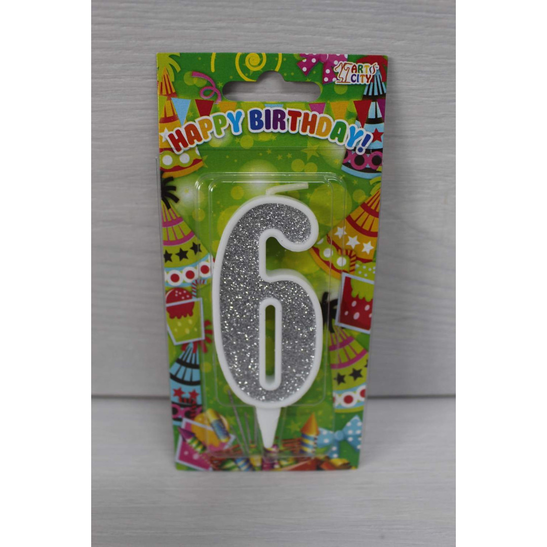 Свічка цифра біла срібний глітер 6