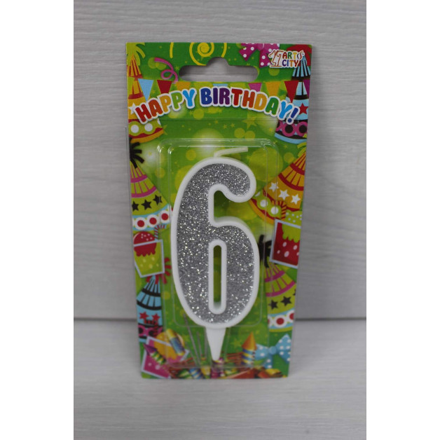 Свічка цифра біла срібний глітер 6