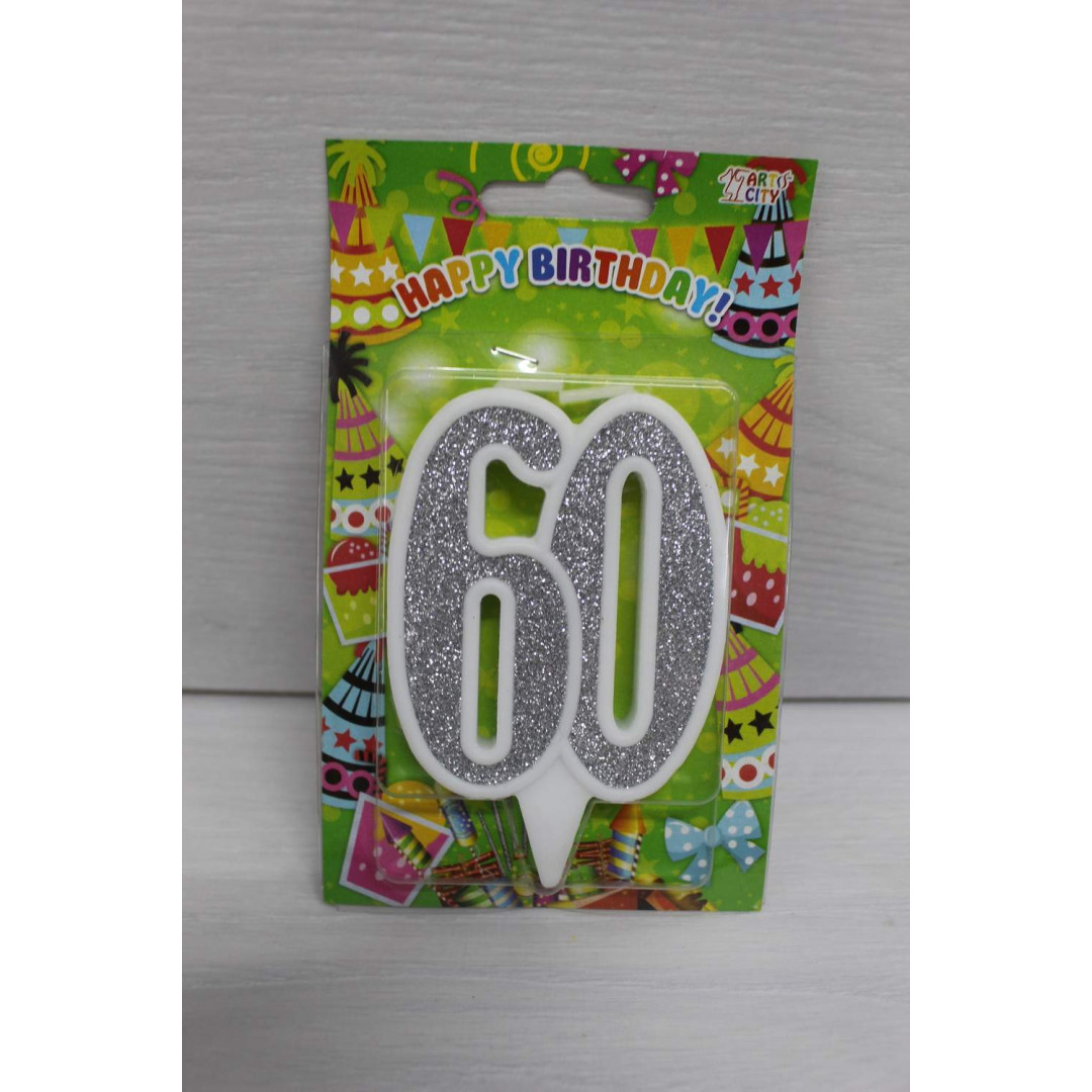 Свічка цифра біла срібний глітер 60