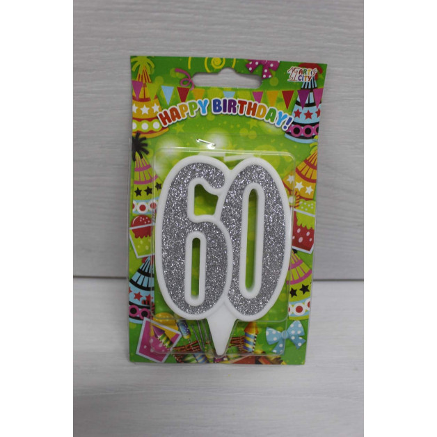 Свічка цифра біла срібний глітер 60