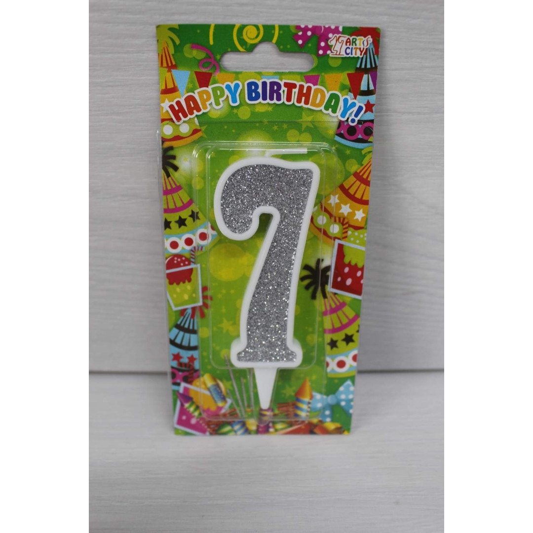 Свічка цифра біла срібний глітер 7