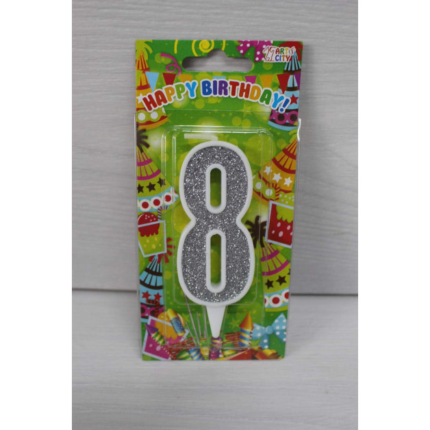 Свічка цифра біла срібний глітер 8