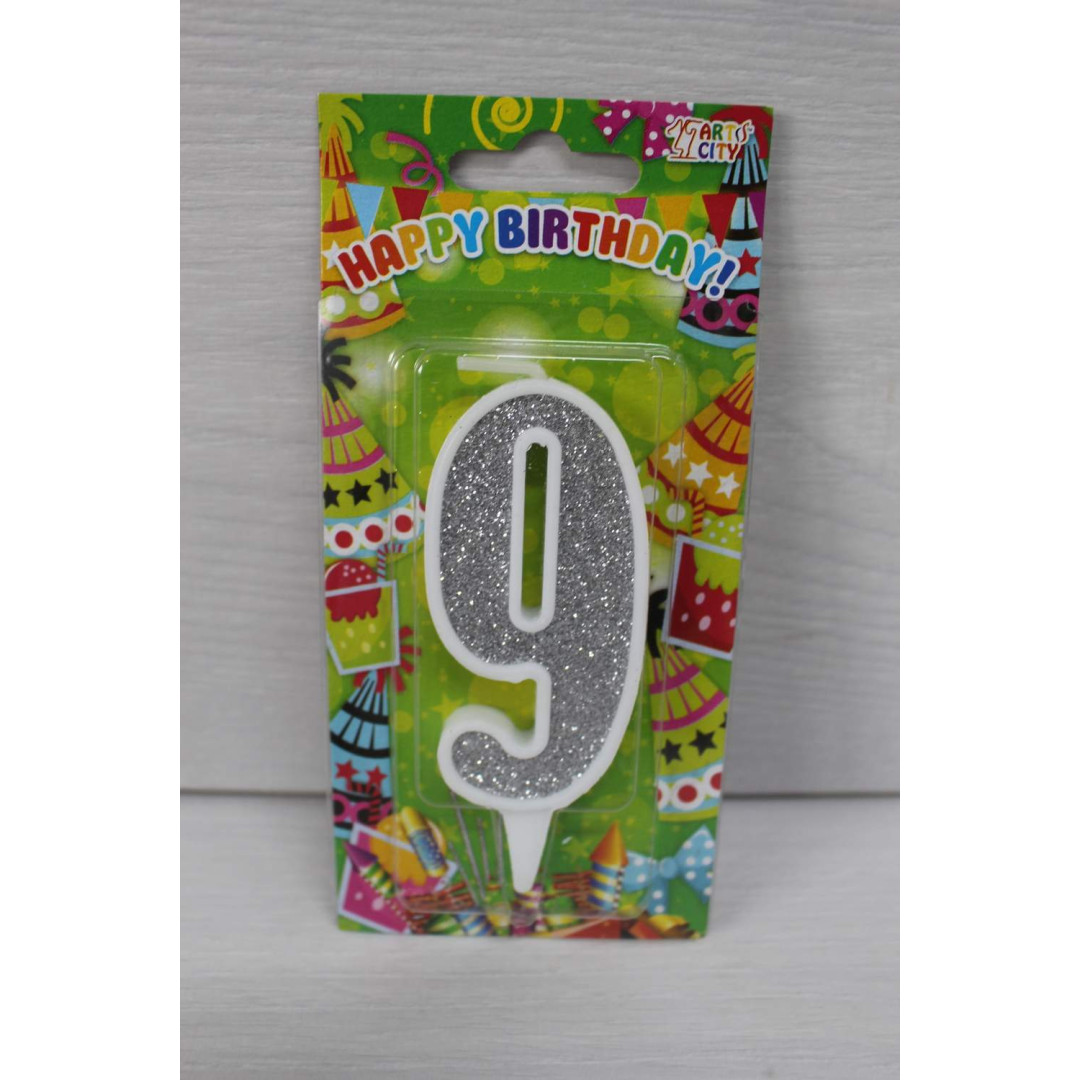 Свічка цифра біла срібний глітер 9