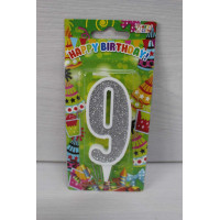 Свічка цифра біла срібний глітер 9