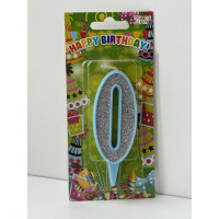 Свічка цифра блакитна срібний глітер 0