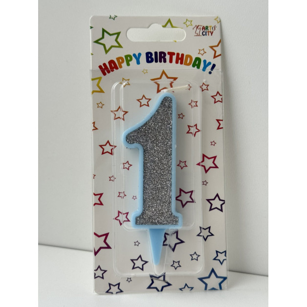 Свічка цифра блакитна срібний глітер 1