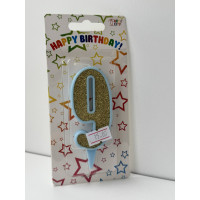 Свічка цифра блакитна золотий глітер 9