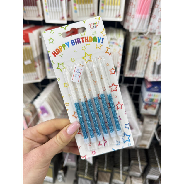 Свічки 6 шт прямі білі бірюзовий глітер