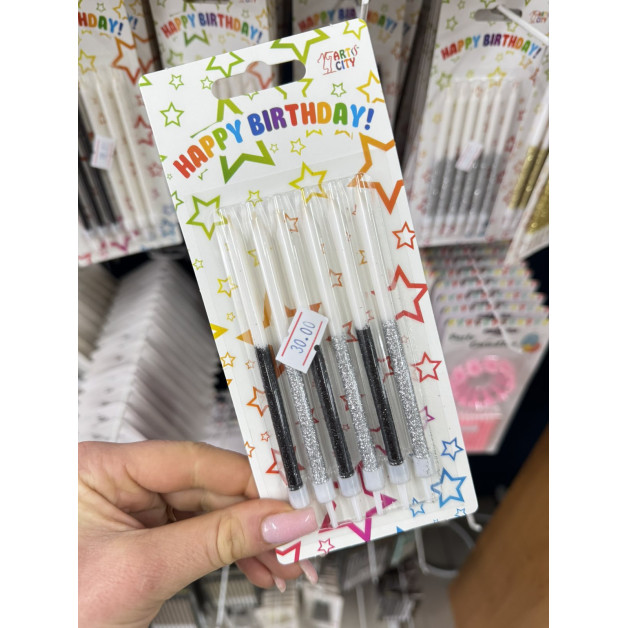 Свічки 6 шт прямі білі чорно-срібний глітер