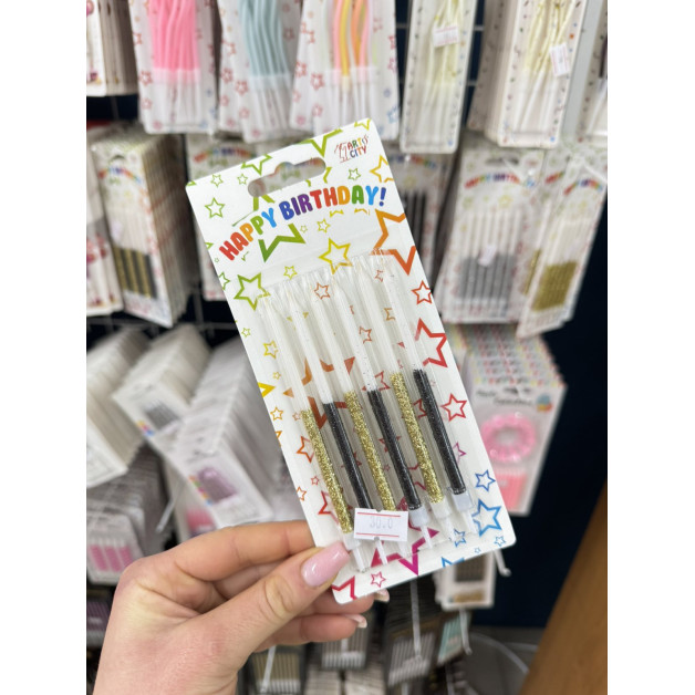 Свічки 6 шт прямі білі чорно-золотий глітер