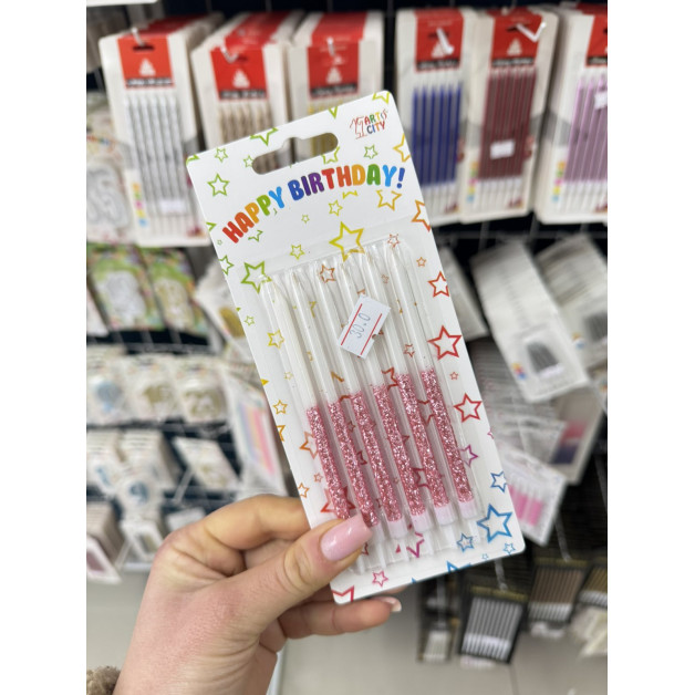 Свічки 6 шт прямі білі рожевий глітер