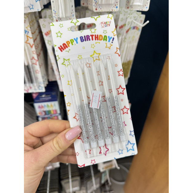 Свічки 6 шт прямі білі срібний глітер