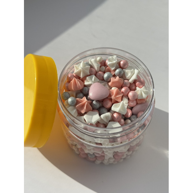 Посипка "Шокол. серця рожеві з рисовою посипкою та бізе" 100 г