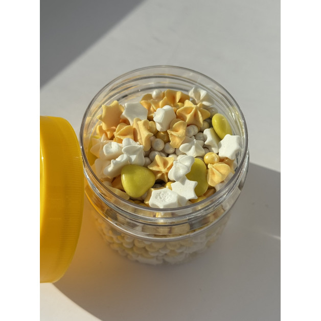 Посипка "Шокол. серця жовті з рисовою посипкою та бізе" 100 г