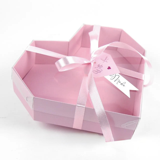 Коробка для зефіру подар. серце 23 см рожева (складна)-6 см висота БЕЗ СТРІЧКИ 
