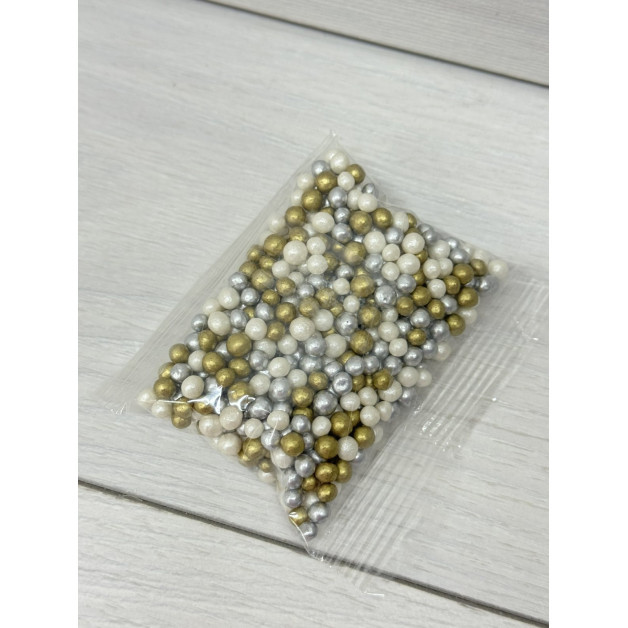 посипка дуті рис.кульки 5 мм перл.( білі- золот.- срібл) 50г